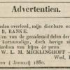 Overlijdensadvertentie 1880 schaatsenverkoper B.Ranke, Schagen