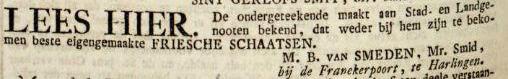 Advertentie 1830 schaatsenmaker M.B. van Smeden, Harlingen