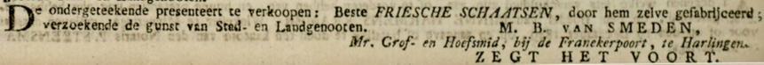 Advertentie 1829 schaatsenmaker M.B. van Smeden, Harlingen