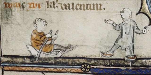 Circa 1325 – Sledge and skater on a miniature from a Ghent prayer book