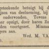 Advertentie 1870 van de weduwe van M.van Staveren, Dordrecht