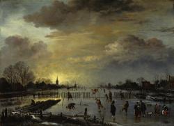 Winterlandschap met schaatsers bij zonsondergang
