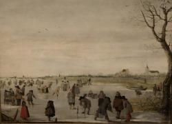 Winterlandschap met schaatsers en Colfspelers die gebruik maken van een paaltje