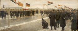 Defilé van het schaatsende Regiment Grenadiers en Jagers voor prinses Wilhelmina en koningin-moeder Emma tijdens het ijsfeest te Den Haag op 14 februari 1895