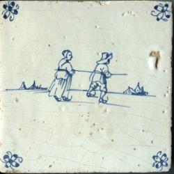 Schaatsers, man en vrouw met schaatsstok