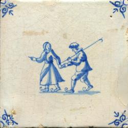 Schaatsers, man met ijshaak en vrouw