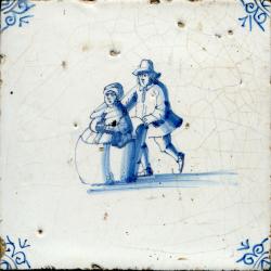 Schaatsers, man met vrouw in duwbak