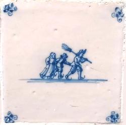 Baanveger, schaatser met bezem en twee schaatsers