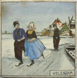 Schaatsers in Volendamse klederdracht