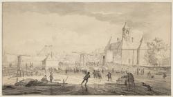 Wintergezicht met ijsvermaak op de Singelgracht met de Leidsepoort, gezien in noordelijke richting
