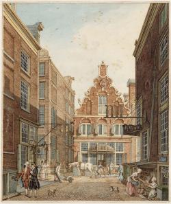 Heiligeweg Amsterdam gezien naar de Kalverstraat, schaatsen aan uithangbord