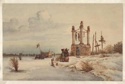 Wintergezicht aan de Volewijk (Amsterdam), met enkele toeschouwers bij de galgenput