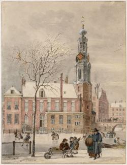 Wintergezicht de Munt Amsterdam. De Munttoren gezien vanaf het Singel