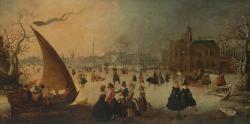 Landschap met een bevroren gracht, schaatsers en een ijsschuit