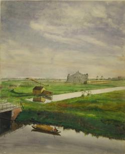 Het terrein van het latere Museumplein Amsterdam, gezicht op ijsbaan en renbaan