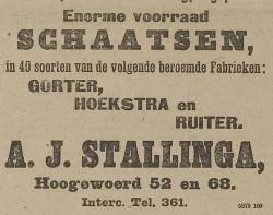 Advertentie A.J. Stallinga in Leidsch Dagblad 28 november 1907