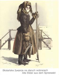 Vrouw in klederdracht met schaatsen en ijsstok