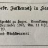 Aanmelding 1875 fabrieksmerk schaatsenmaker Gebr. Falkenroth, Haspe/Hagen (Duitsland)