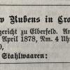 Aanmelding 1878 merkteken schaatsenmaker G. Rubens, Cronenberg/Remscheid (Duitsland)