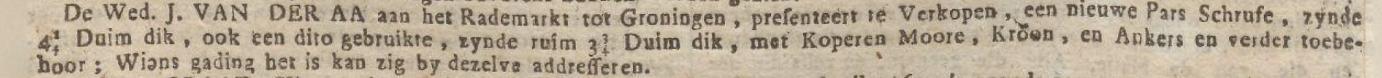 Advertentie 1767 schaatsenmaker Jan van der Aa, Groningen
