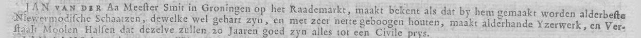 Advertentie 1746 schaatsenmaker Jan van der Aa, Groningen
