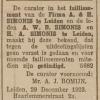 Advertentie 1923 faillissement schaatsenverkoper A&H Simonis, Leiden