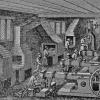 Afbeelding ca.1878 van de fabriek van M. Hunter&Son, Sheffield (Engeland)