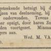 Advertentie 1870 van de weduwe van M.van Staveren, Dordrecht