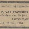 Overlijdensadvertentie 1916 schaatsenmaker P.van Staveren