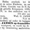 Advertentie 1895 van weduwe G. Jansen - Van de Geer, Hilversum