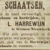 Advertentie 1904 schaatsenmaker L. Harrewyn, Giessenburg