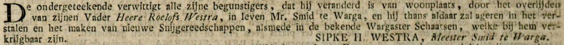 Advertentie 1829 schaatsenmaker S.H. Westra, Wergea