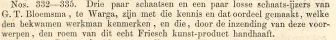 Advertentie 1854 schaatsenmaker G.J. Bloemsma, Warga