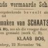 Advertentie 1894 schaatsenmaker K. Bos, Numansdorp